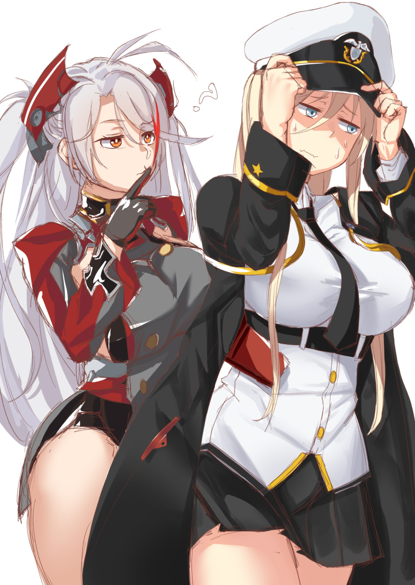 2girls antenna_hair azur_lane bangs belt bismarck_(azur_lane) black_belt black_choker black_coat black_neckwear blonde_hair blue_eyes breasts brown_eyes choker coat collared_shirt cosplay english_commentary enterprise_(azur_lane) enterprise_(azur_lane)_(cosplay) eyebrows_visible_through_hair hair_between_eyes hat headgear headwear highres iron_cross large_breasts long_hair long_sleeves military military_hat miniskirt multicolored_hair multiple_girls necktie open_clothes open_coat peaked_cap prinz_eugen_(azur_lane) red_hair shirt silver_hair skirt sleeveless sleeveless_shirt streaked_hair swept_bangs tnolize two-tone_gloves two_side_up underbust white_background