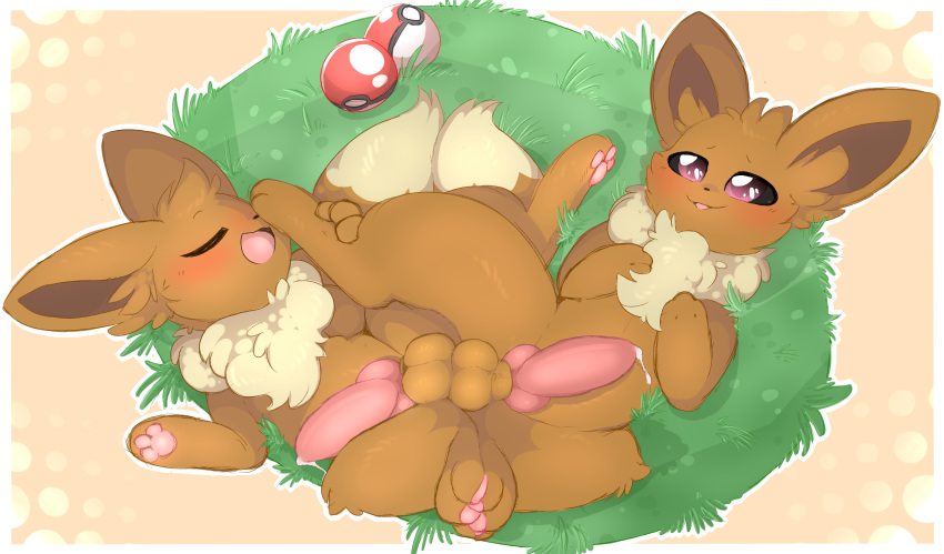 2019 absurd_res animal_genitalia animal_penis backsash balls balls_touching blush brown_fur canid canine_penis digital_media_(artwork) duo eevee eeveelution erection eyes_closed feral fur grass hair hi_res hindpaw invalid_tag knot lying male male/male mammal nintendo on_back open_mouth outside pawpads paws penis pok&eacute;mon pok&eacute;mon_(species) purple_eyes simple_background smile tongue tuft video_games