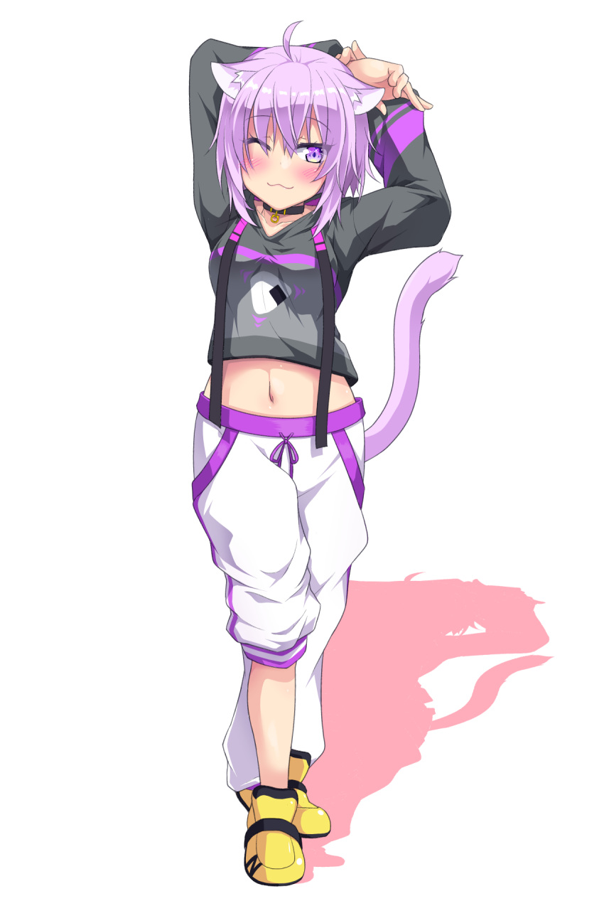 1girl ;3 ahoge animal_ears bangs black_collar black_hoodie blush cat_ears cat_tail collar collarbone commentary hair_between_eyes highres hololive navel nekomata_okayu one_eye_closed onigiri_print pants pants_rolled_up purple_eyes purple_hair shadow shoes short_hair simple_background smile solo strap tail virtual_youtuber white_background white_pants yellow_footwear yoru_no_night