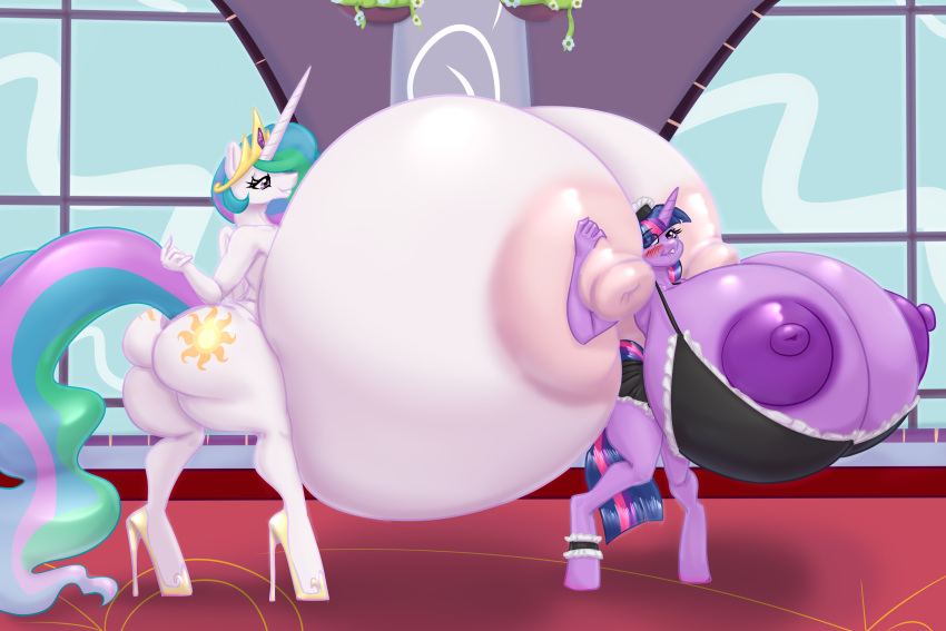 2019 3:2 areola big_breasts blues64 blush breasts butt clothing coralleaf cutie_mark duo equid female friendship_is_magic hair hi_res horn huge_breasts hyper hyper_breasts mammal moonlitbrush_(artist) my_little_pony nipples princess_celestia_(mlp) smile twilight_sparkle_(mlp) unicorn winged_unicorn wings