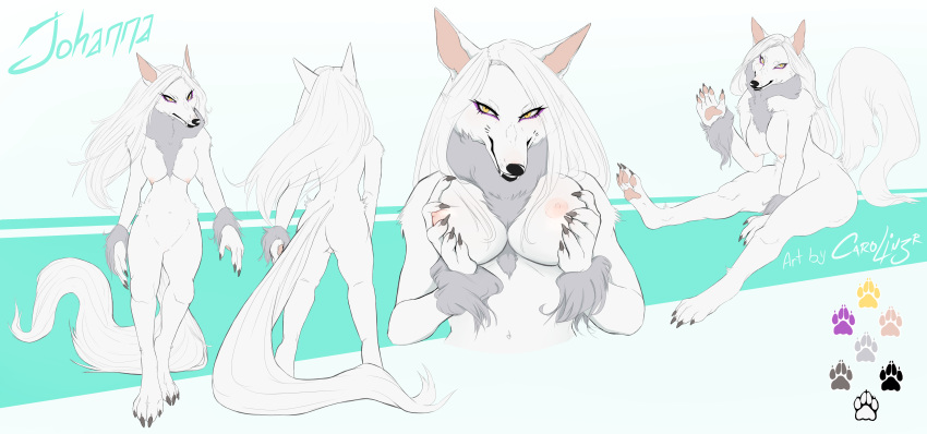 2019 absurd_res anthro breast_grab breasts canid canine canis female fur hair hand_on_breast hi_res johanna_(paledrake) mammal model_sheet nipples simple_background were werecanid werecanine werewolf white_hair wolf