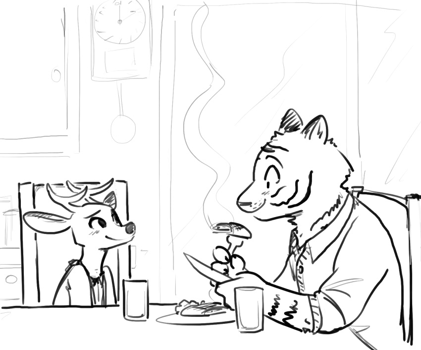2019 ambiguous_gender anthro antlers blush cameron_(zootopia) cervid chair clock clothed clothing cup cutlery eating fan_character felid food fork fuel_(artist) fur greyscale hi_res holding_object horn inside jamie_(zootopia) kitchen_utensils knife mammal meat monochrome pantherine plate sitting smile steam striped_fur stripes table tiger tools