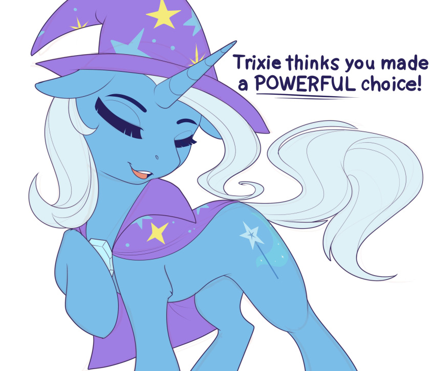 absurd_res cape clothing dialogue english_text equid evehly female friendship_is_magic hat headgear headwear hi_res horn mammal my_little_pony simple_background solo text trixie_(mlp) unicorn white_background wizard_hat