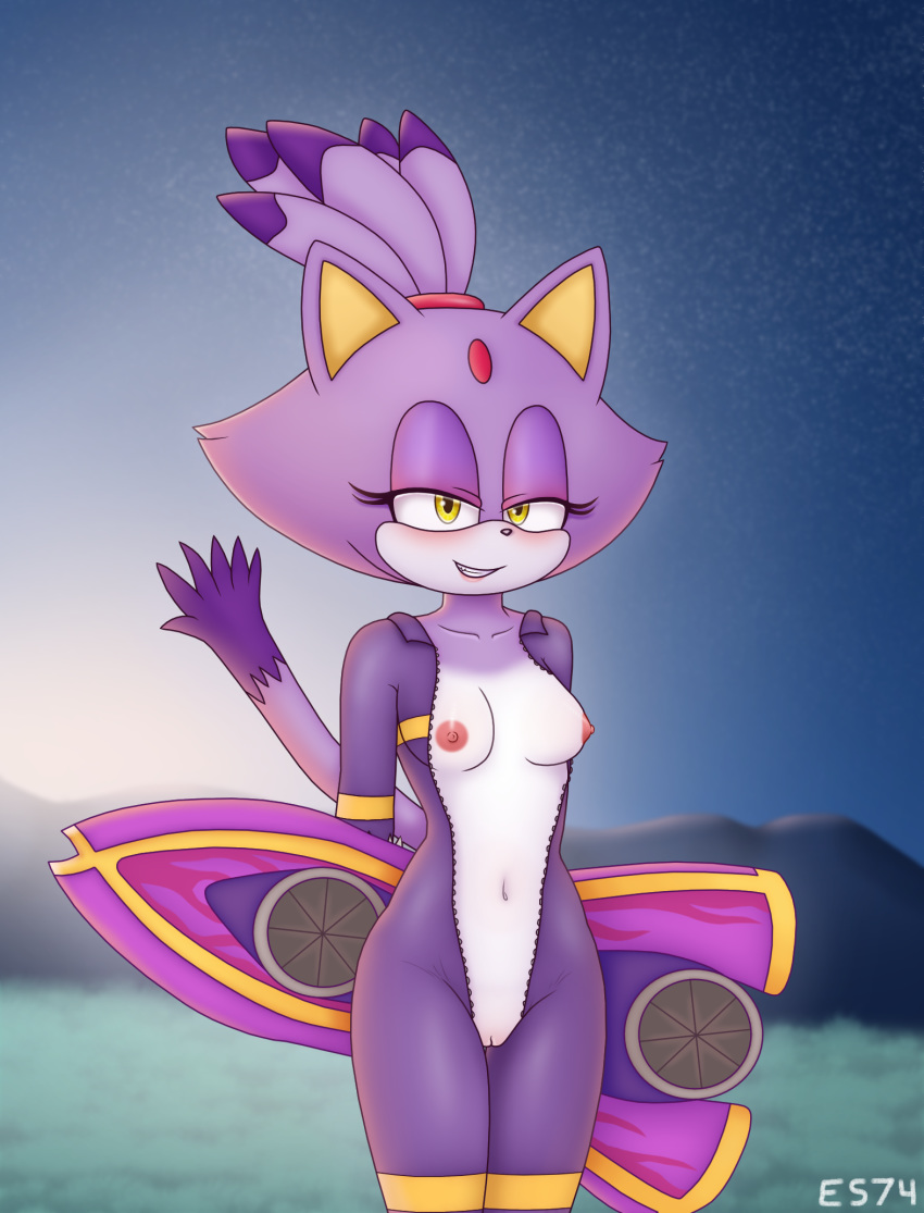 2019 anthro areola bedroom_eyes black_nose blaze_the_cat blush bodysuit breasts clothing colored cute_fangs detailed_background digital_media_(artwork) domestic_cat es74 eyelashes felid feline felis female fur grass hair half-closed_eyes hi_res looking_at_viewer mammal mountain navel nipples outside purple_fur pussy seductive skinsuit sky smile solo sonic_(series) standing thick_thighs tight_clothing undressing video_games white_fur