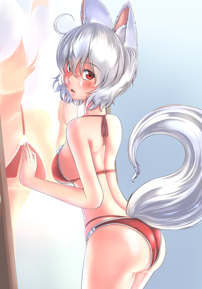 1girl absurdres ahoge animal_ears ass bikini blush breasts commentary commentary_request highres inubashiri_momiji kouno_ibuki large_breasts looking_at_viewer looking_to_the_side mirror open_mouth red_eyes short_hair sideboob silver_hair solo swimsuit tail touhou wolf_ears wolf_tail