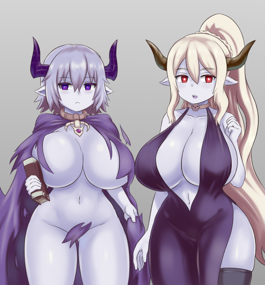 2girls :&lt; bangs bare_shoulders black_legwear blonde_hair blue_skin book bottomless braid breasts cape center_opening cleavage collar collarbone commentary convenient_censoring crown_braid dress eyebrows_visible_through_hair grey_background grey_hair hair_between_eyes highres holding holding_book horns huge_breasts lich_(monster_girl_encyclopedia) long_hair looking_at_viewer monster_girl_encyclopedia multiple_girls naked_cape nav navel open_mouth pointy_ears ponytail purple_eyes red_eyes short_hair side_slit simple_background skindentation thighhighs torn_cape torn_clothes very_long_hair wight_(monster_girl_encyclopedia)