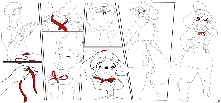 2019 animal_crossing anthro barefoot bottomwear breast_growth breasts bulge butt canid canine canis clothing comic domestic_dog eyes_closed female gender_transformation hair halcy0n hi_res human human_to_anthro isabelle_(animal_crossing) male mammal mtf_transformation nintendo open_mouth paper rear_view ribbons shih_tzu shirt short_hair simple_background skirt solo species_transformation surprise tail_growth topwear toy_dog transformation underwear video_games white_background