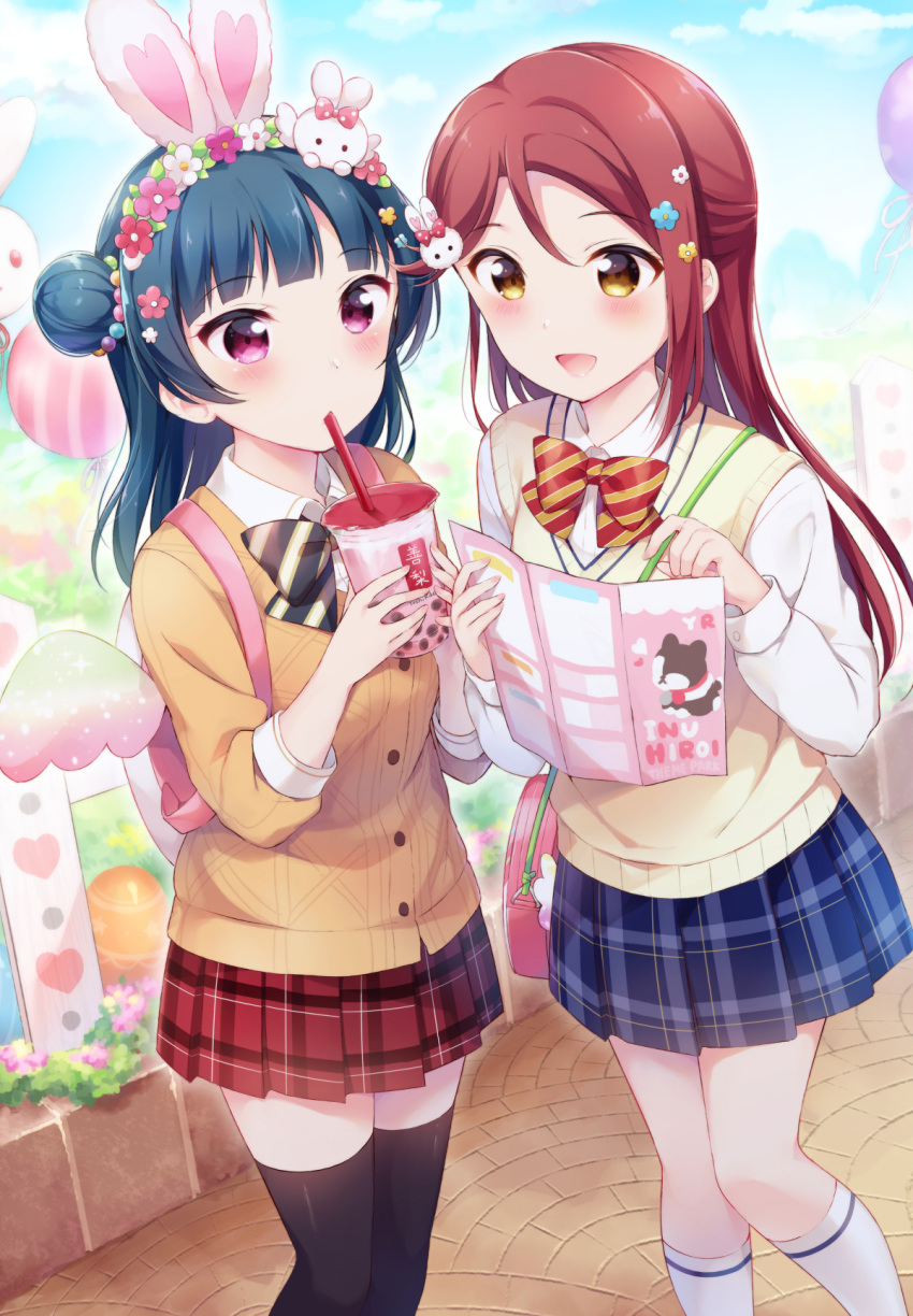 2girls :d animal_ears backpack bag bangs black_legwear blue_hair blue_skirt blush bow bowtie brochure bunny_ears bunny_hair_ornament collared_shirt commentary_request cup day drinking drinking_straw easter easter_egg egg flower hair_flower hair_ornament half_updo hazuki_(sutasuta) highres holding holding_cup kneehighs long_hair long_sleeves love_live! love_live!_sunshine!! miniskirt multiple_girls open_mouth orange_cardigan outdoors plaid plaid_skirt pleated_skirt pointing purple_eyes red_hair red_skirt sakurauchi_riko shirt shoulder_bag side_bun skirt smile standing striped striped_neckwear sweater_vest thighhighs tsushima_yoshiko white_legwear white_shirt wings yellow_eyes