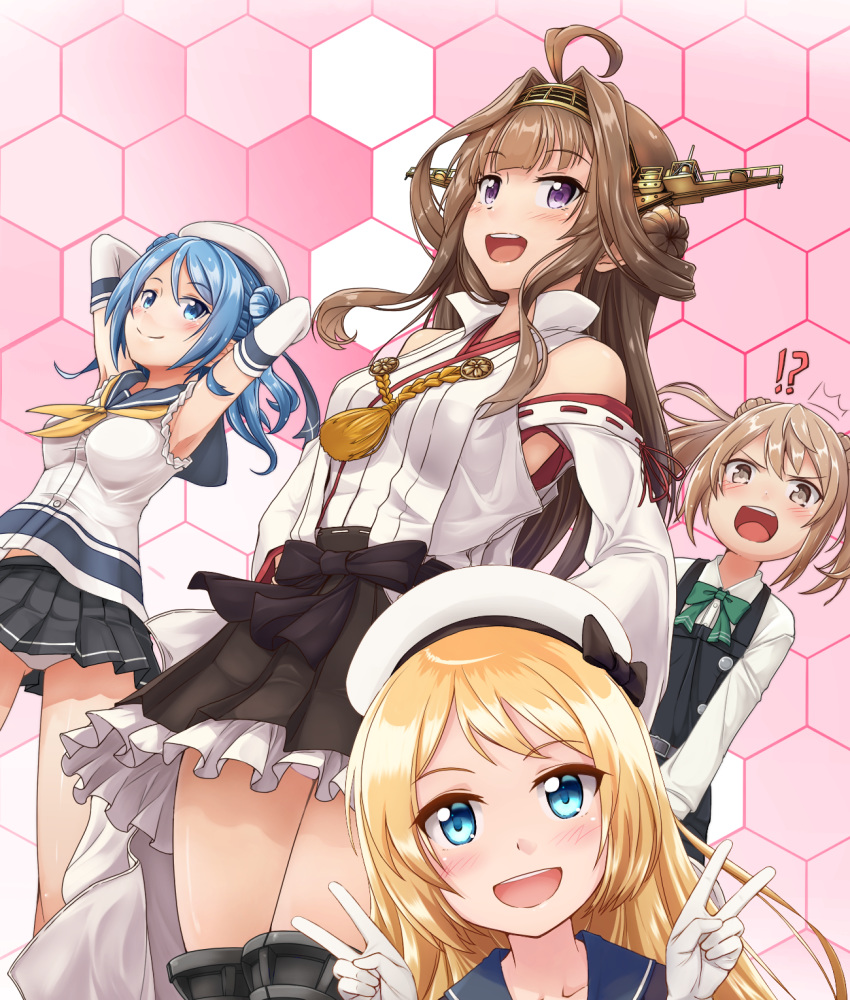 !? 4girls ahoge armpits arms_behind_head arms_up beret blonde_hair blue_eyes blue_hair blue_sailor_collar bow bowtie brown_hair detached_sleeves double_bun double_v dress elbow_gloves eyebrows_visible_through_hair gloves green_neckwear hair_bun hairband hat headgear highres japanese_clothes jervis_(kantai_collection) kantai_collection kongou_(kantai_collection) light_brown_hair long_hair long_sleeves looking_at_viewer michishio_(kantai_collection) miniskirt multiple_girls neckerchief nontraditional_miko open_mouth panties pantyshot pantyshot_(standing) pinafore_dress pleated_skirt purple_eyes remodel_(kantai_collection) sailor_collar sailor_dress sailor_hat school_uniform serafuku shirt short_twintails skirt sleeves_rolled_up smile standing surprised tr-6 twintails underwear urakaze_(kantai_collection) v white_gloves white_headwear white_panties white_shirt wind yellow_eyes yellow_neckwear