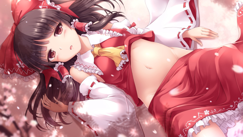 1girl ascot bangs bare_shoulders black_hair bow breasts brown_hair cherry_blossoms collared_shirt commentary_request detached_sleeves eyebrows_visible_through_hair frilled_bow frilled_shirt_collar frilled_skirt frills gohei hair_bow hair_tubes hakurei_reimu half_updo highres long_hair lying lzh medium_breasts midriff navel nontraditional_miko on_back petals petticoat red_bow red_eyes red_shirt red_skirt ribbon-trimmed_sleeves ribbon_trim shadow shirt sidelocks skirt skirt_set sleeveless sleeveless_shirt solo stomach touhou yellow_neckwear