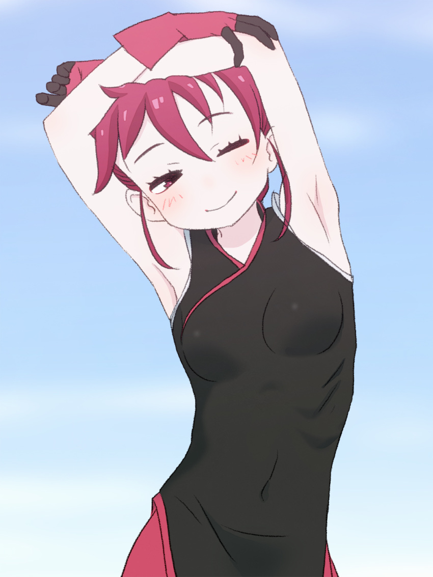 1girl ;) armpits arms_up black_dress blue_background breasts commentary_request dress gloves gradient gradient_background highres kemurikusa leaning_to_the_side looking_at_viewer one_eye_closed red_eyes red_hair ryou_(kemurikusa) sat-c short_hair simple_background sleeveless sleeveless_dress small_breasts smile solo stretch