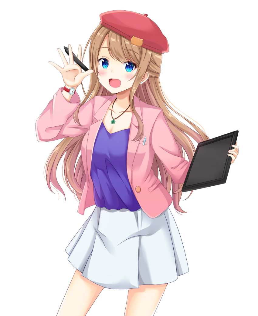 1girl :d blazer blue_eyes blush brown_hair clover collarbone commentary_request cowboy_shot earrings four-leaf_clover fukazawa_ayaka half_updo hand_up highres holding holding_stylus holding_tablet_pc jacket jewelry long_hair long_sleeves looking_at_viewer miniskirt necklace open_clothes open_jacket open_mouth original pink_jacket purple_shirt red_headwear ryucchi shirt sidelocks simple_background skirt smile solo standing stylus tablet_pc thighs watch white_background white_skirt wing_collar wristwatch