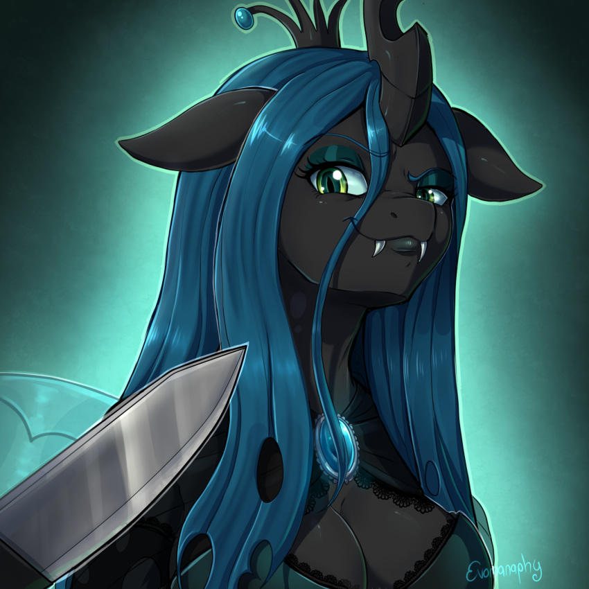 1:1 2019 changeling clothing digital_media_(artwork) evomanaphy eyelashes fangs female friendship_is_magic green_eyes hair hi_res horn knife long_hair looking_at_viewer my_little_pony queen_chrysalis_(mlp)