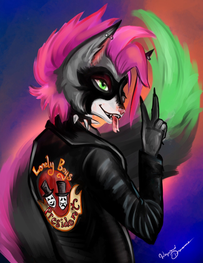 claws clothing collar colored_nails coon drama electronic emo ethan ethan_bedlam forked_tongue fur goth green-haired green_eyes green_fur green_hair hair hi_res i_am_x iamx industrial jacket leather leather_jacket mammal metal nails painted_claws painting peace_(disambiguation) pink-haired pink_claws pink_fur pink_hair pink_nails president procyonid punk raccoon spiked_collar spikes theater tongue topwear wayward_dreams wayward_dreams_art waywarddreams_art waywarddreamsart