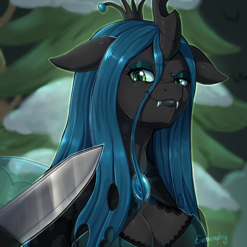 1:1 2019 changeling clothing digital_media_(artwork) evomanaphy eyelashes fangs female friendship_is_magic green_eyes hair hi_res horn knife long_hair looking_at_viewer my_little_pony queen_chrysalis_(mlp)