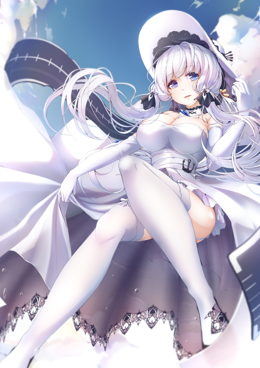1girl azur_lane bangs blue_eyes blue_sky blush breasts cleavage cloud day dress elbow_gloves eyebrows_visible_through_hair flight_deck floating_hair gloves hair_ornament hair_ribbon hand_up hat highres illustrious_(azur_lane) imo_bouya lace_trim large_breasts long_hair looking_at_viewer mole mole_under_eye outdoors parted_lips ribbon skirt_hold sky smile solo strapless strapless_dress sun_hat thighhighs white_dress white_gloves white_hair white_headwear white_legwear wind
