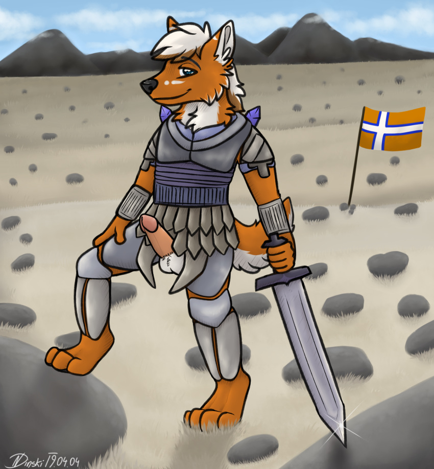 anthro armor canid canine canis clothed clothing dinski ethiopian_wolf flag hi_res knight male mammal melee_weapon penis solo sprrigs sword weapon wolf