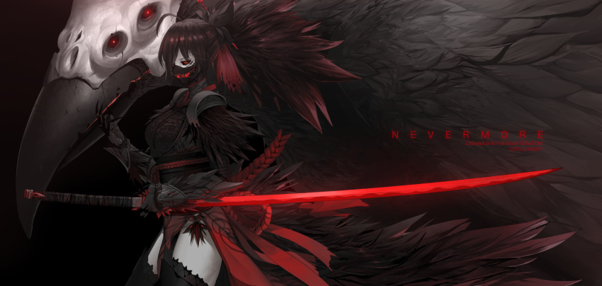 1girl ahoge animal bangs bird black_hair black_sclera boots breasts commentary corruption dark_persona dishwasher1910 english_commentary gloves grimm hair_between_eyes jewelry katana large_breasts long_hair mature necklace nevermore_(rwby) oversized_animal pale_skin ponytail raven_branwen red_eyes rwby skirt smile sword thighhighs weapon white_skin