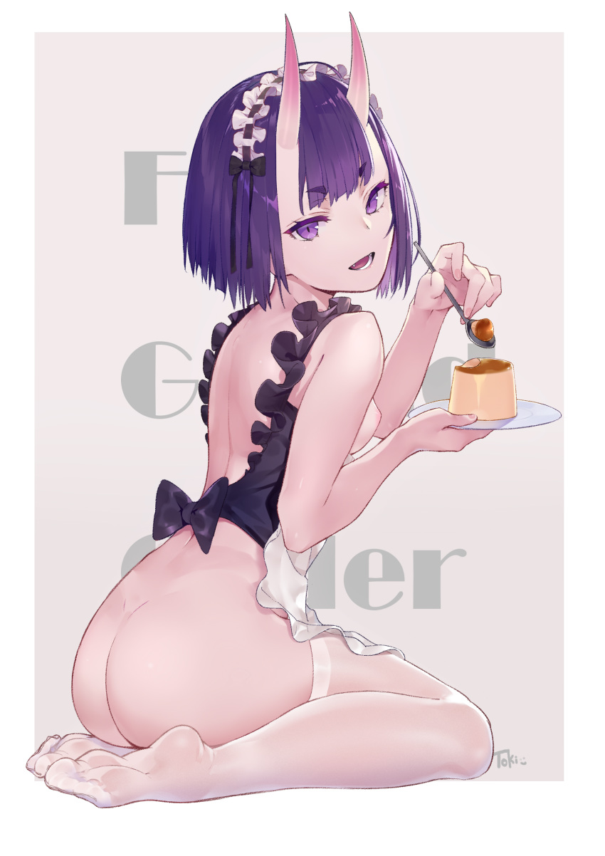 1girl absurdres apron ass back bangs bare_shoulders blush bob_cut border breasts breasts_outside copyright_name eyeliner fangs fate/grand_order fate_(series) feet food frills grey_background highres horns legs looking_at_viewer maid_headdress makeup naked_apron nipples oni oni_horns open_mouth plate pudding purple_eyes purple_hair revealing_clothes seiza short_eyebrows short_hair shuten_douji_(fate/grand_order) simple_background sitting small_breasts smile solo spoon thighhighs thighs virtu.al white_border white_legwear