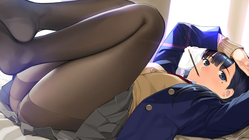 1girl bangs beige_cardigan blue_eyes blue_hair blue_jacket blush breasts brown_legwear crossed_ankles end_card eyebrows_visible_through_hair feet food grey_skirt highres jacket legs_up lens_flare long_hair long_sleeves looking_at_viewer lying mibu_natsuki miru_tights mole mole_under_eye mouth_hold nakabeni_yua necktie no_shoes official_art on_back open_clothes open_jacket pantyhose pleated_skirt pocky red_neckwear school_uniform screencap shirt skirt smile solo thighband_pantyhose