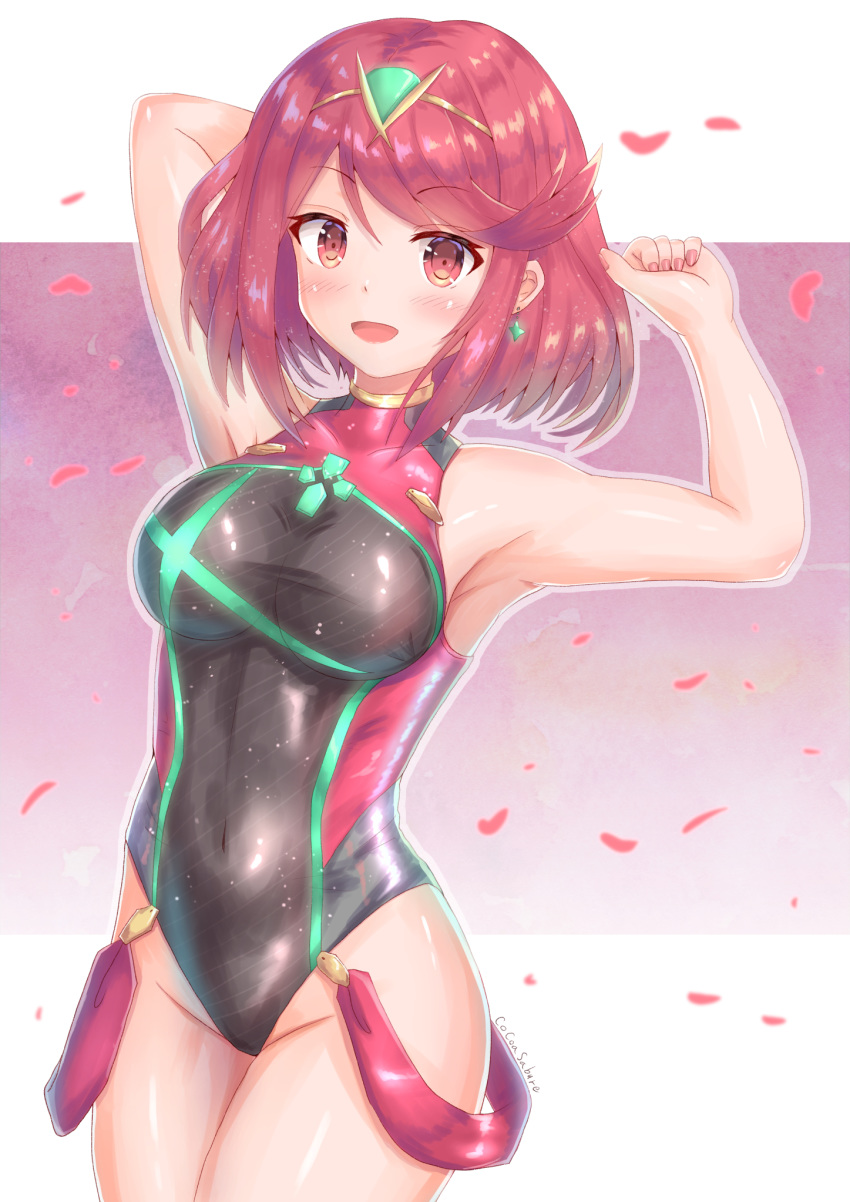 1girl artist_name bangs black_swimsuit breasts cocoasabure competition_swimsuit covered_navel cowboy_shot gradient gradient_background highres homura_(xenoblade_2) large_breasts looking_at_viewer one-piece_swimsuit petals red_eyes red_hair short_hair smile solo standing swept_bangs swimsuit tiara turtleneck xenoblade_(series) xenoblade_2