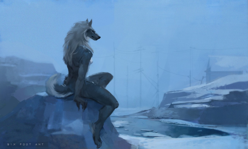 anthro canid canine canis eleniel female fur grey_hair hair ice mammal nude outside rock sitting sixfoot snow solo water were werecanid werecanine werewolf winter wolf