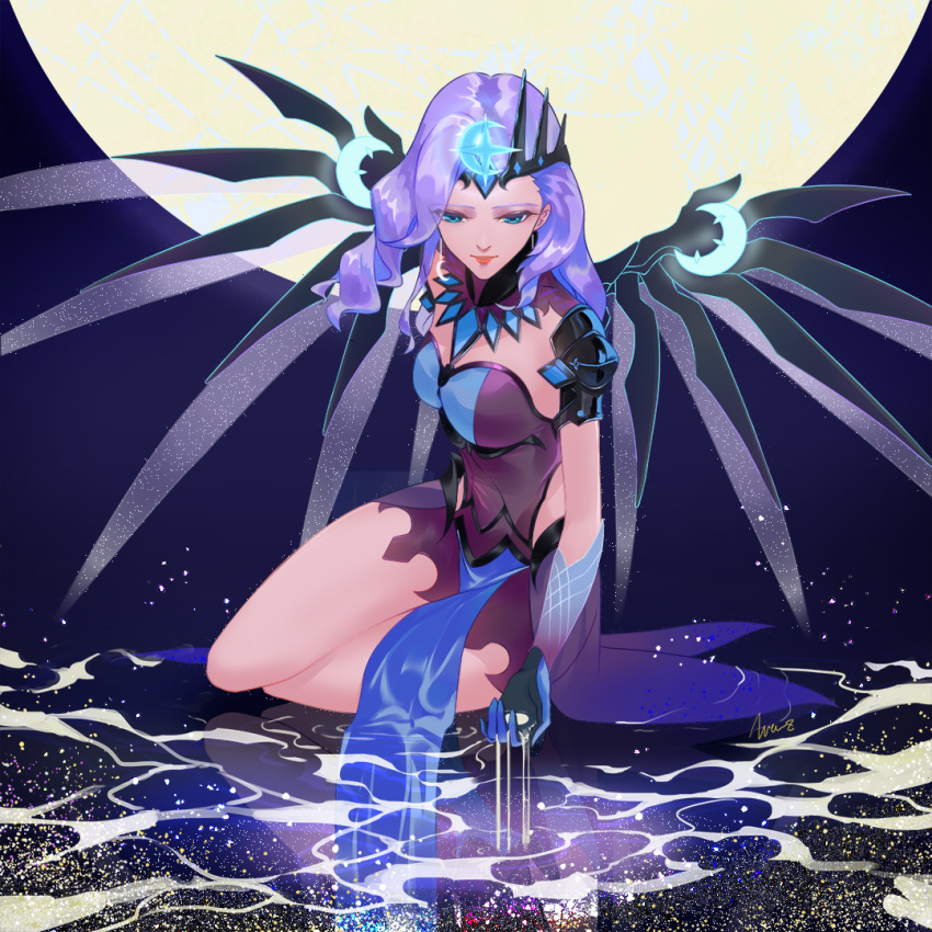 1girl alternate_costume alternate_hair_color angel_wings atlantic_mercy black_wings blue_eyes crescent crescent_hair_ornament crown gloves hair_ornament jiazisang looking_down mechanical_halo mechanical_wings mercy_(overwatch) moon overwatch pelvic_curtain purple_hair shoulder_armor sitting solo water wings yokozuwari