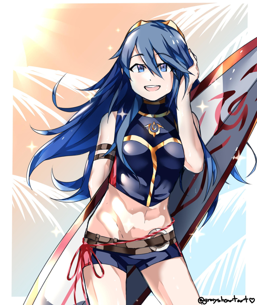 1girl absurdres bare_shoulders belt blue_eyes blue_hair blue_shorts fire_emblem fire_emblem:_kakusei fire_emblem_cipher graysheartart highres long_hair lucina midriff open_mouth short_shorts shorts solo surfboard twitter_username