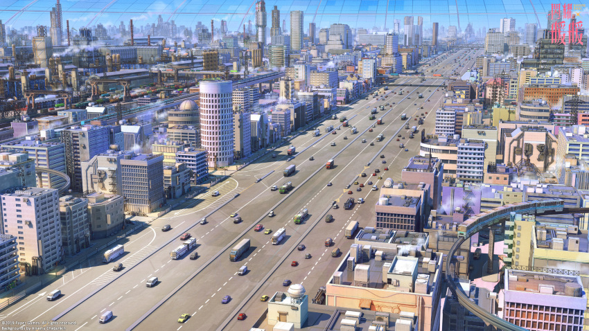 arsenixc bridge building bus car city cityscape dome factory ground_vehicle highres monorail motor_vehicle original road scenery shinning_nikki sky steam street train truck van