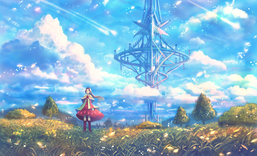 1girl boots brown_hair capelet city cloud comet commentary dress fantasy field grass hill knee_boots light_particles long_hair looking_at_viewer original sakimori_(hououbds) scenery sky smile tree wind