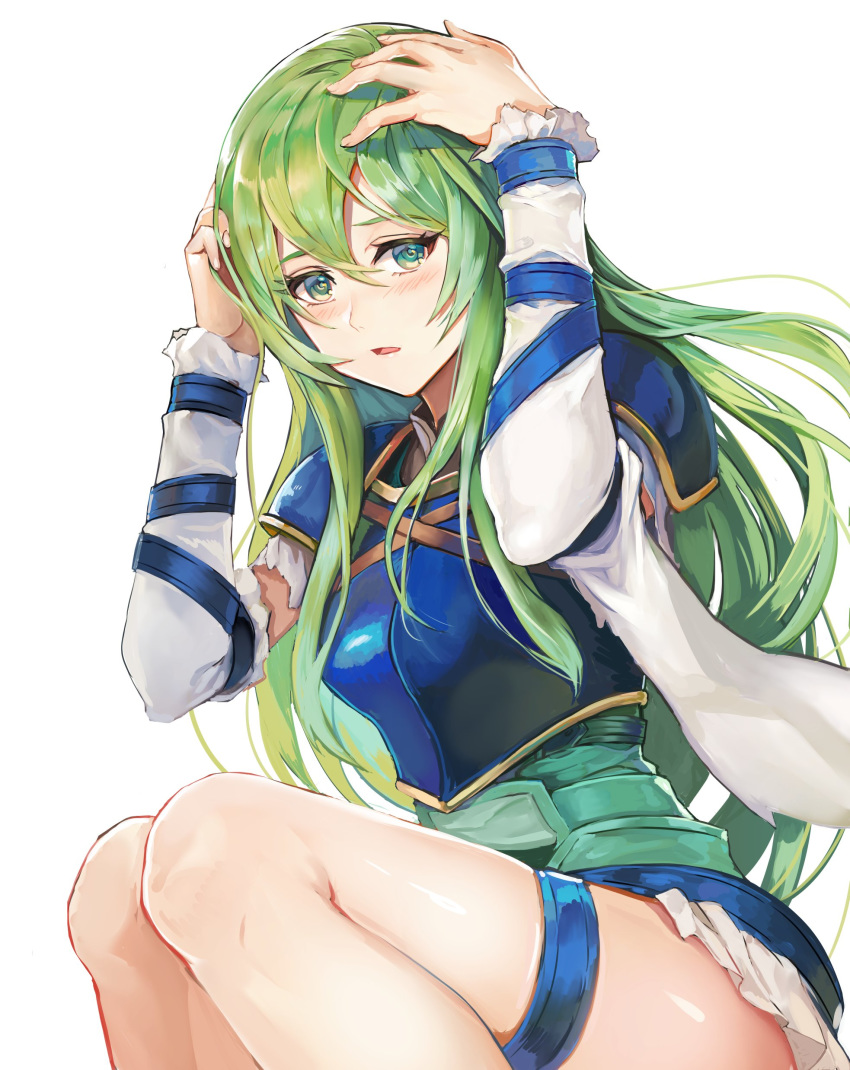 1girl absurdres armor belt blue_armor blush breastplate detached_sleeves embarrassed fire_emblem fire_emblem:_souen_no_kiseki green_eyes green_hair hands_on_own_head highres kokouno_oyazi long_hair long_sleeves looking_at_viewer nephenee no_headwear no_helmet no_legwear simple_background skirt solo thigh_strap thighs wavy_mouth white_background white_skirt