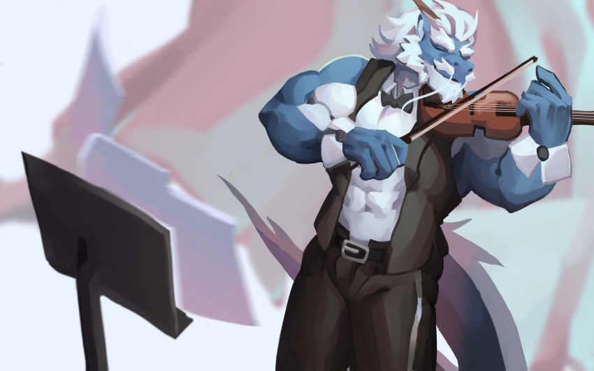 absurd_res anthro beard belt bow_tie clothing dragon eyes_closed facial_hair flesh_whiskers frame_(artist) hair hi_res horn invalid_tag kemono male muscular musical_instrument pants playing_music raichi47 scalie solo violin white_hair