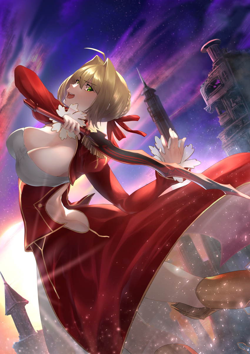1girl absurdres aestus_estus ahoge ass backless_dress backless_outfit bangs blonde_hair blush boots braid breasts cleavage dress epaulettes fate/extra fate_(series) french_braid fujitsubo_(hujitubo0731) green_eyes hair_between_eyes hair_bun hair_intakes highres huge_filesize juliet_sleeves knee_boots large_breasts long_hair long_sleeves looking_at_viewer nero_claudius_(fate) nero_claudius_(fate)_(all) open_mouth puffy_sleeves red_dress red_ribbon ribbon see-through smile solo sword thighs twilight weapon