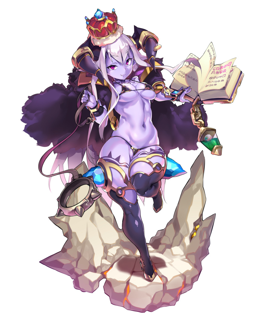 armor bikini_armor black_legwear book breasts cape chain crown eyebrows_visible_through_hair fang grimoire highres horns long_hair looking_at_viewer medium_breasts original potion_(moudamepo) purple_eyes purple_skin thick_eyebrows thick_thighs thighhighs thighs white_hair