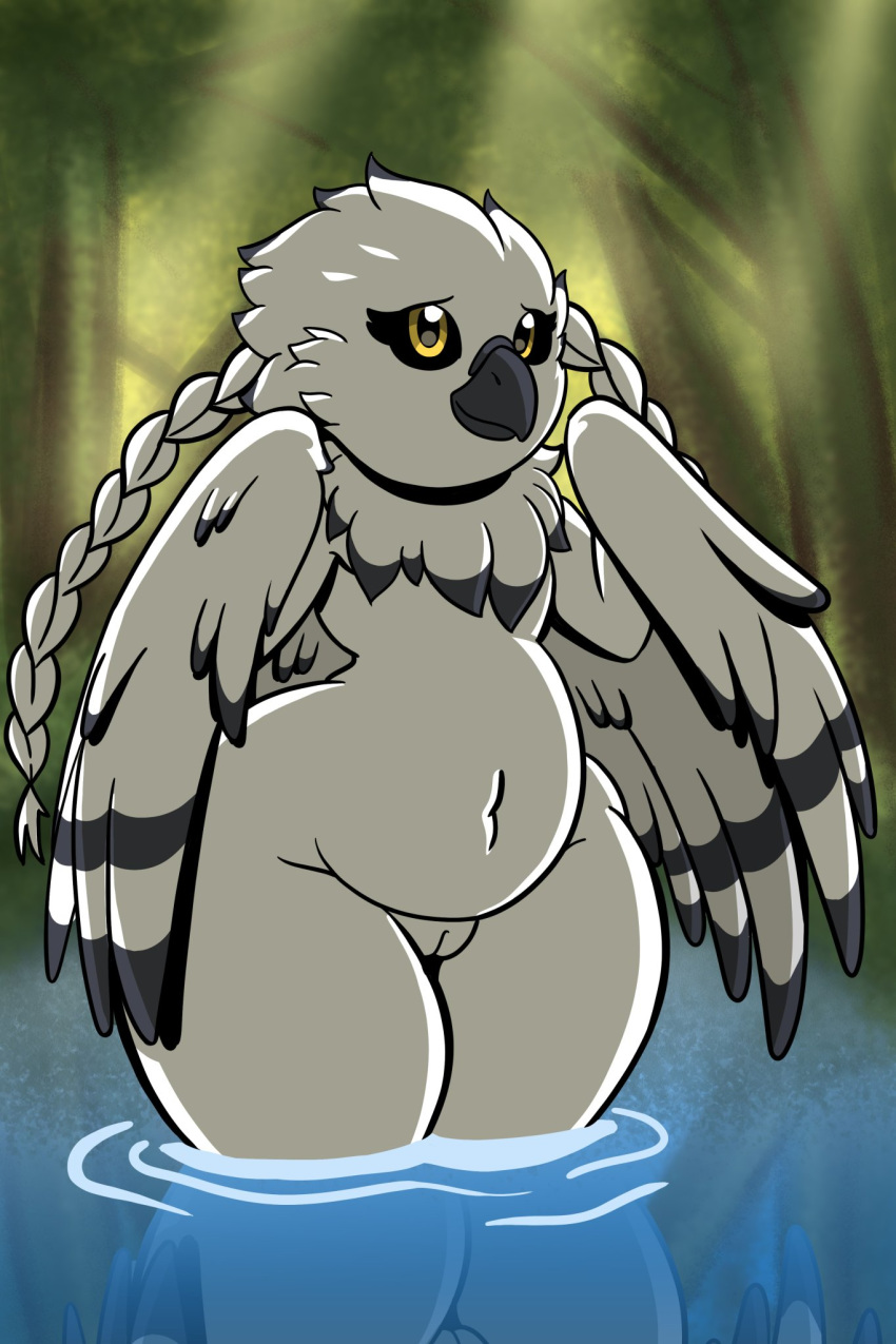 amelia_abernachy anthro avian beak bird black_feathers black_sclera braided_hair bubo_(genus) feathered_wings feathers female hair hi_res owl pussy regret-everything slightly_chubby snowy_owl solo standing thick_thighs true_owl water white_feathers wide_hips wings