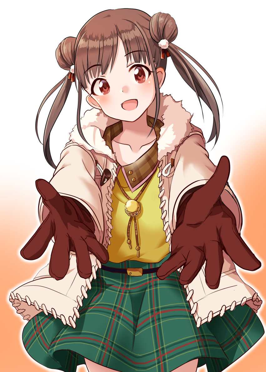 1girl :d absurdres bangs bolo_tie brown_gloves brown_hair coat commentary_request cowboy_shot double_bun eyebrows_visible_through_hair fur-trimmed_collar gloves gradient gradient_background green_skirt head_tilt highres idolmaster idolmaster_shiny_colors open_clothes open_coat open_hands open_mouth orange_background outstretched_arms parted_bangs pink_coat plaid plaid_skirt reaching_out shirt simple_background skirt smile solo sonoda_chiyoko standing swepot twintails white_background yellow_shirt