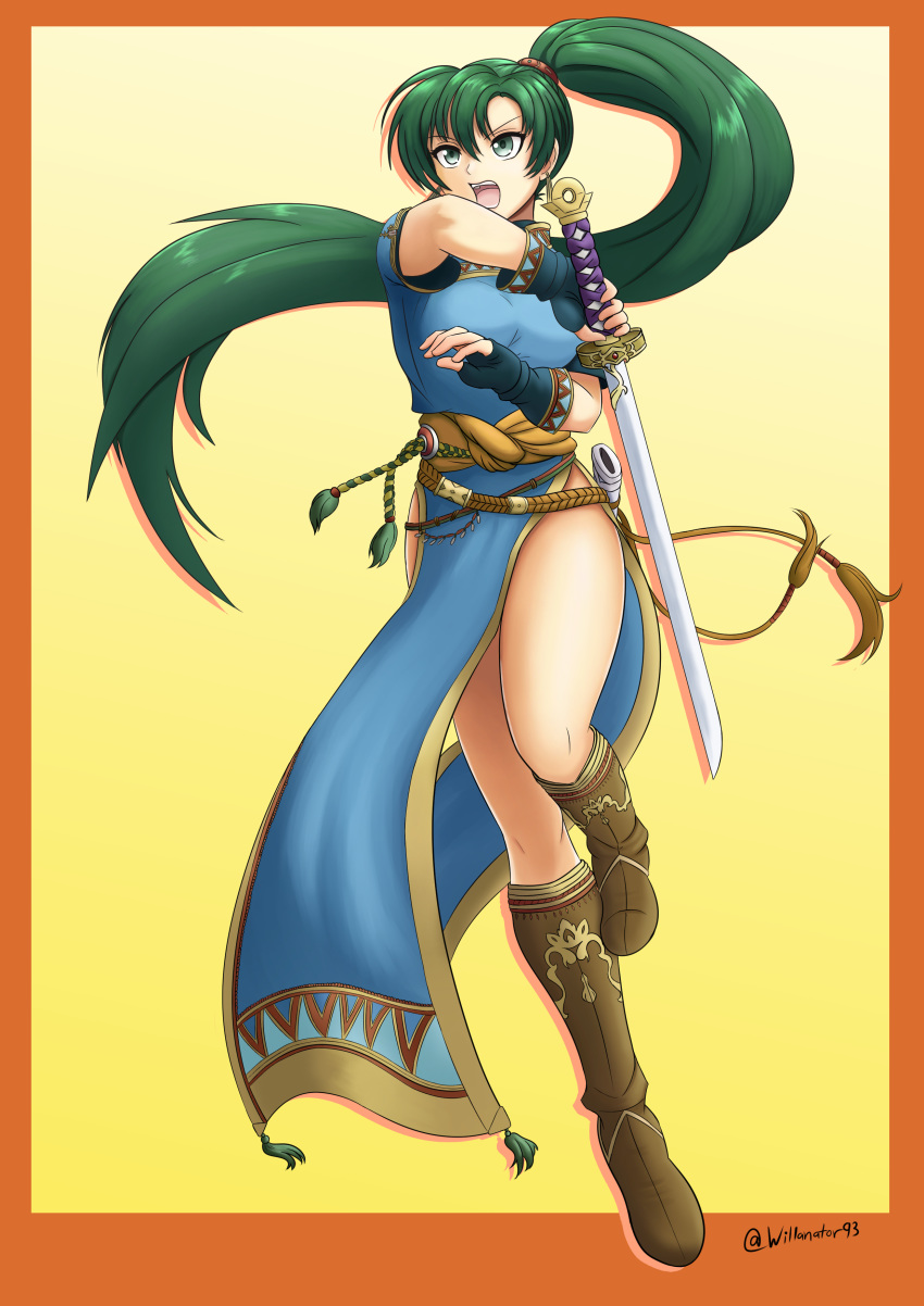 1girl absurdres asymmetrical_bangs bangs blue_dress blue_gloves boots breasts brown_footwear dress fingerless_gloves fire_emblem fire_emblem:_rekka_no_ken full_body gloves green_eyes green_hair highres katana long_hair lyndis_(fire_emblem) medium_breasts open_mouth orange_background pelvic_curtain ponytail scabbard sheath short_sleeves side_slit solo sword thighs twitter_username two-tone_background unsheathed very_long_hair weapon will_(willanator93) yellow_background