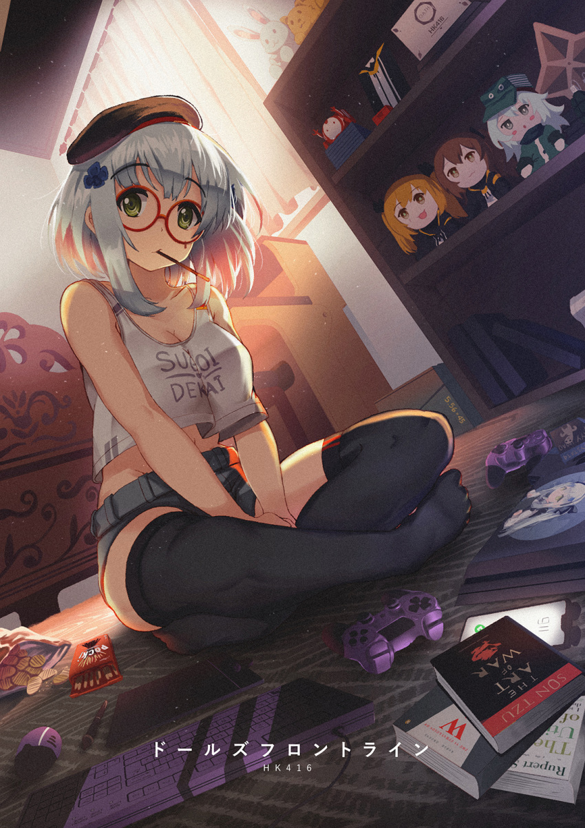 1girl alternate_hair_length alternate_hairstyle bangs bed belt beret between_legs black_legwear blunt_bangs blush breasts casual character_doll character_name chips cleavage clothes_writing collarbone crop_top curtains desk eyebrows_visible_through_hair facial_mark food g11_(girls_frontline) game_console girls_frontline glasses green_eyes hair_ornament hand_between_legs hat highres hk416_(girls_frontline) indoors keyboard looking_at_viewer medium_breasts midriff mouth_hold on_floor persocon93 playstation_4 playstation_controller pocky red-framed_eyewear round_eyewear short_hair short_shorts shorts silver_hair sleeveless solo teardrop thighhighs ump45_(girls_frontline) ump9_(girls_frontline) wind window