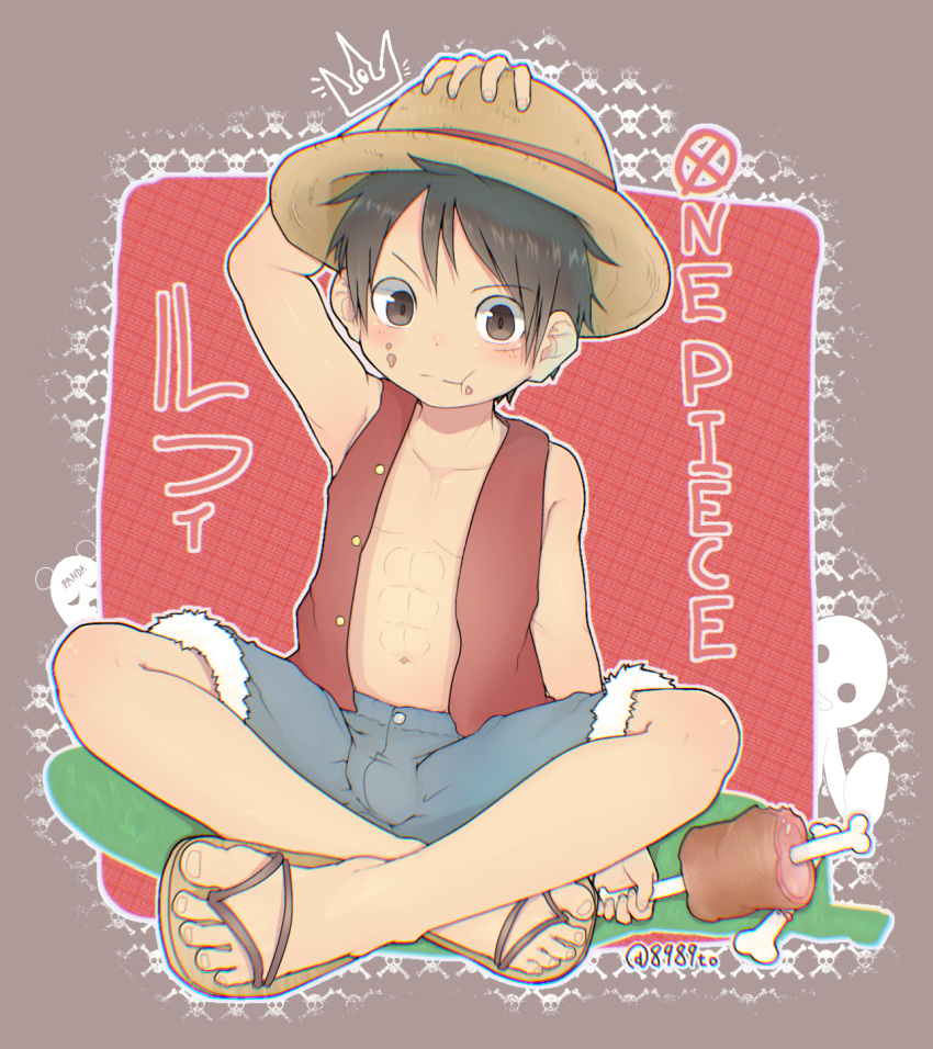 1boy 89usagi abs armpits barefoot black_hair blush boned_meat brown_eyes character_name chromatic_aberration closed_mouth copyright_name denim denim_shorts disconnected_mouth eating food food_on_face full_body fur-trimmed_shorts grey_shorts hand_on_headwear hat highres holding holding_meat legs male_focus meat monkey_d_luffy muscle one_piece open_clothes open_vest pirate plaid plaid_background red_vest sandals scar shorts silhouette_demon solo straw_hat unbuttoned vest