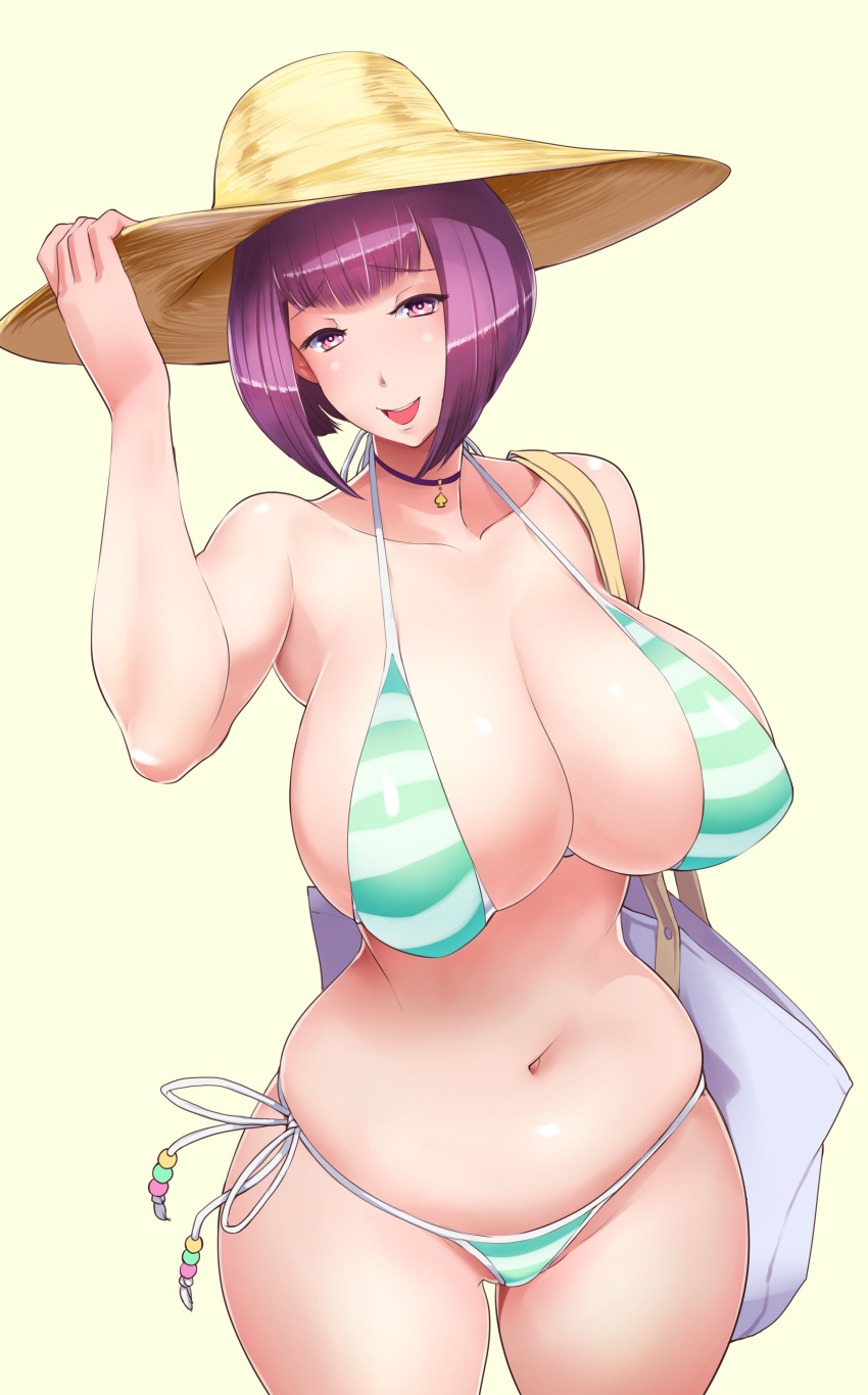 1girl absurdres bag bangs bike_shorts bikini blunt_bangs breasts choker cleavage collarbone cowboy_shot eyebrows_visible_through_hair half-closed_eyes hand_up hat highres huge_breasts looking_at_viewer midriff navel open_mouth original purple_eyes purple_hair short_hair shoulder_bag side-tie_bikini simple_background skindentation smile solo striped striped_bikini sun_hat swimsuit ueda_torini yellow_background