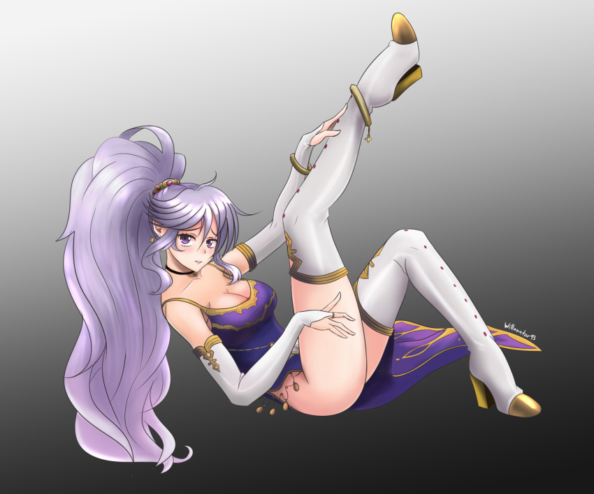 1girl artist_name black_background boots bracelet breasts cleavage dress earrings elbow_gloves fingerless_gloves fire_emblem fire_emblem:_seisen_no_keifu full_body gloves gradient gradient_background high_heel_boots high_heels highres ishtar_(fire_emblem) jewelry lavender_hair leg_up long_hair looking_at_viewer medium_breasts parted_lips ponytail purple_dress purple_eyes ring signature simple_background sleeveless sleeveless_dress solo tareme thigh_boots thighhighs thighs white_footwear white_gloves white_legwear will_(willanator93)