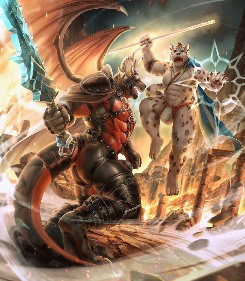 anthro bulge butt clothed clothing dragon felid fight harness hi_res leather loincloth magic male mammal mask nipples pantherine pawpads scalie snow_leopard takahirosi topless tsarin wings