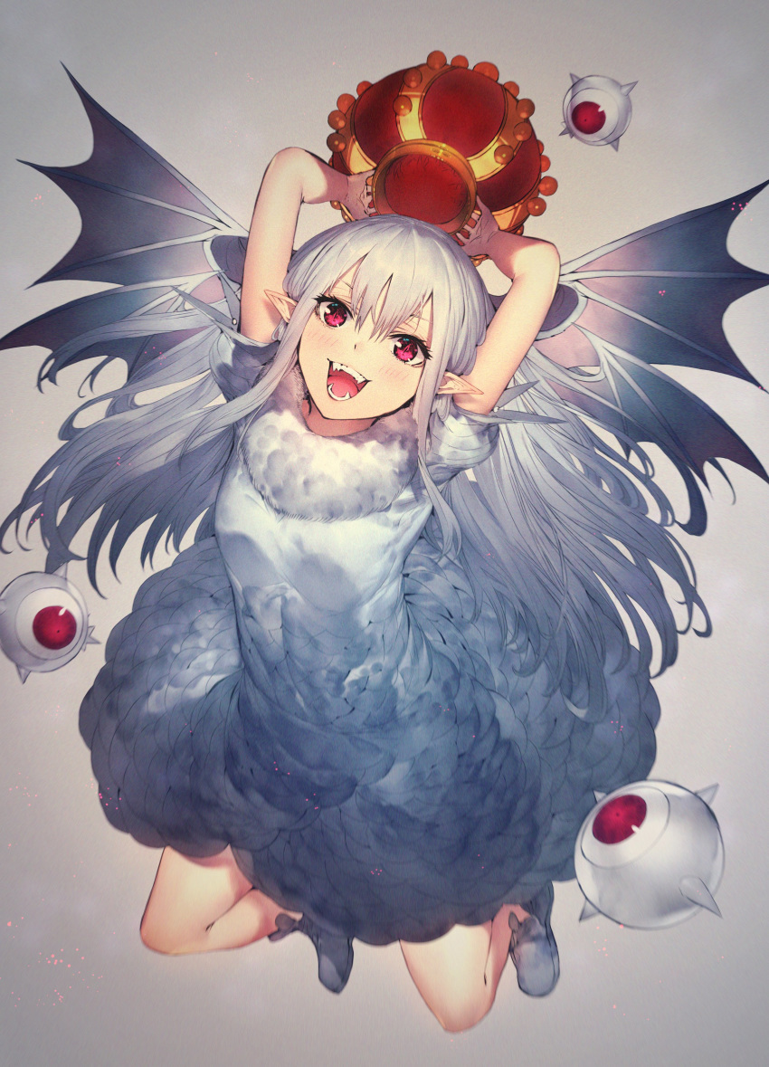 1girl absurdres bat_wings commentary crown dress fangs floating_eye full_body fur_trim grey_background highres holding_crown jumping long_hair looking_up open_mouth original pointy_ears red_eyes sharp_teeth shoes short_sleeves simple_background solo takeno_(hashi_falcon) teeth very_long_hair white_dress white_footwear white_hair wings