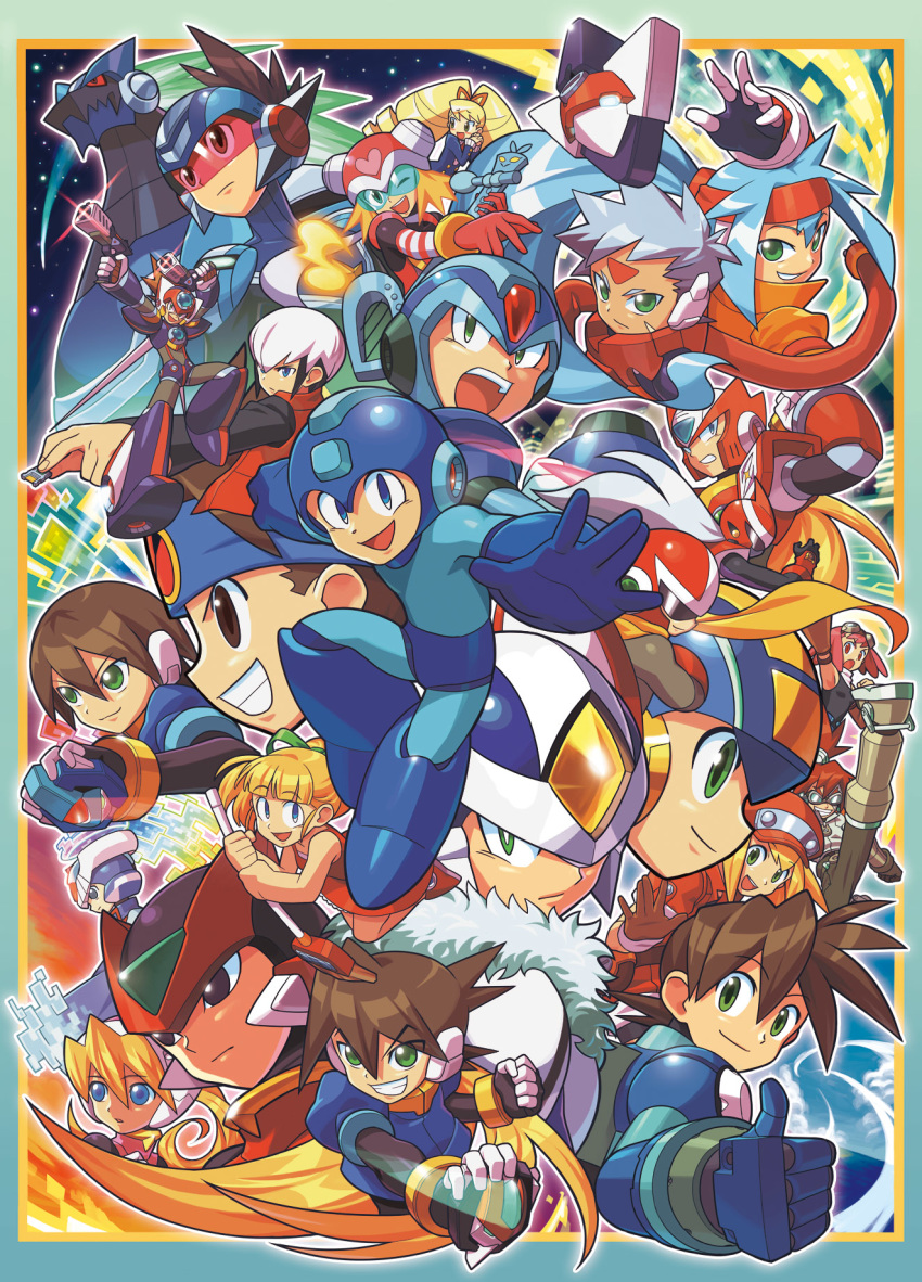 aero aile ashe_(rockman) blues_(rockman) breasts brown_hair character_request closed_mouth commentary_request harp_note highres hoshikawa_subaru_(rockman) kin_niku long_hair looking_at_viewer medium_hair multiple_boys multiple_girls official_style open_mouth rock_volnutt rockman rockman_(character) rockman_(classic) rockman_dash rockman_exe rockman_exe_(character) rockman_x rockman_zero rockman_zx roll roll_caskett ryuusei_no_rockman shirogane_luna short_hair shorts vent x_(rockman) zero_(rockman)