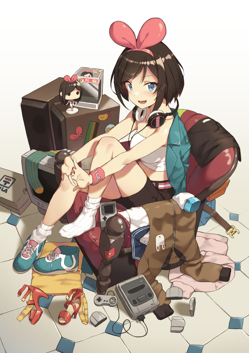 1girl :d a.i._channel absurdres alternate_hair_length alternate_hairstyle armchair bare_shoulders brown_hair chair cloba eyebrows_visible_through_hair figure full_body game_boy game_console hairband handheld_game_console headphones headphones_around_neck highres jacket_on_shoulders kizuna_ai looking_at_viewer monitor multicolored_hair open_mouth pink_hair shoes short_hair simple_background sitting smile sneakers socks solo speaker streaked_hair super_famicom super_famicom_cartridge super_famicom_gamepad two-tone_hair virtual_youtuber white_footwear wristband yellow_background