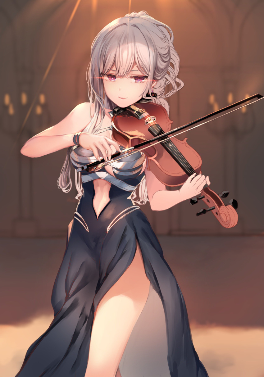 1girl absurdres ak-12_(girls_frontline) alternate_costume alternate_hairstyle bangs bare_shoulders black_dress blurry blurry_background breasts closed_mouth dress eyebrows_visible_through_hair girls_frontline glint glowing glowing_eyes hair_between_eyes highres holding holding_instrument indoors instrument long_hair looking_at_viewer medium_breasts music painteen playing_instrument ponytail purple_eyes sidelocks silver_hair smile solo stage very_long_hair violin wavy_hair wristband