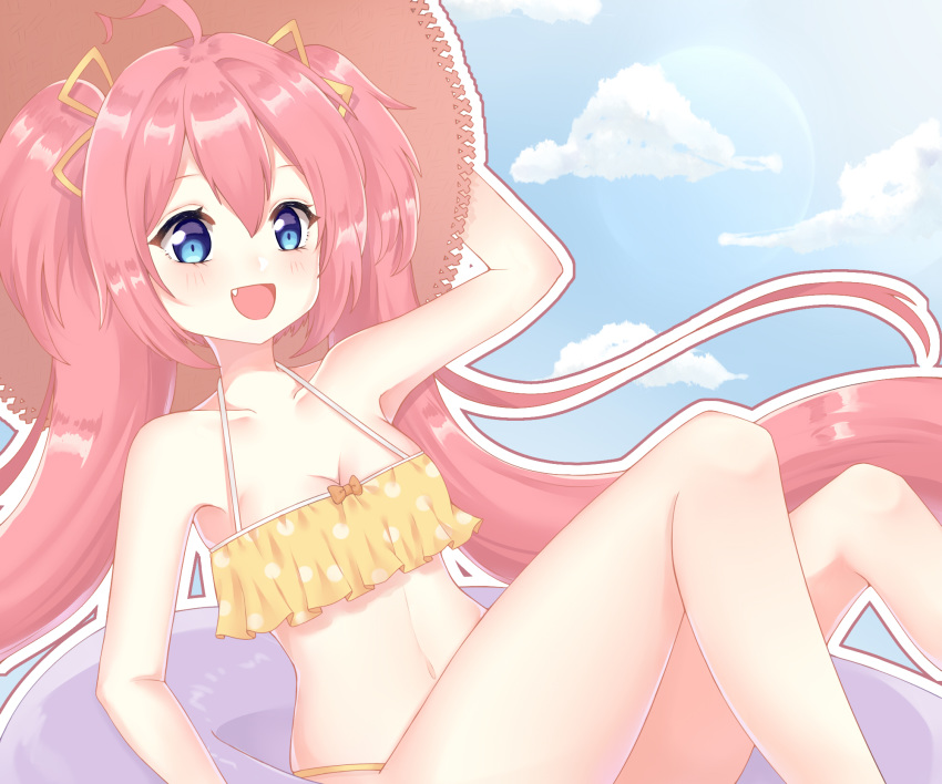 1girl :d ahoge arm_up bare_arms bare_shoulders bikini blue_sky blush breasts brown_headwear cleavage cloud collarbone commentary_request day fang hair_ribbon hand_on_headwear hat highres innertube knees_up light_(luxiao_deng) long_hair looking_at_viewer medium_breasts milim_nava open_mouth outdoors outline pink_hair polka_dot polka_dot_bikini ribbon sitting sky smile solo straw_hat swimsuit tensei_shitara_slime_datta_ken twintails very_long_hair white_outline yellow_bikini yellow_ribbon