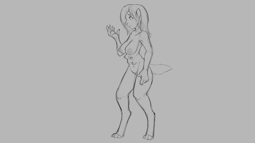 16:9 2018 anthro breasts canid canine canis digitigrade domestic_dog female grey_background hair implied_transformation mammal monochrome multi_breast nipples nude pawpads pussy simple_background solo standing surprise transformation watsup