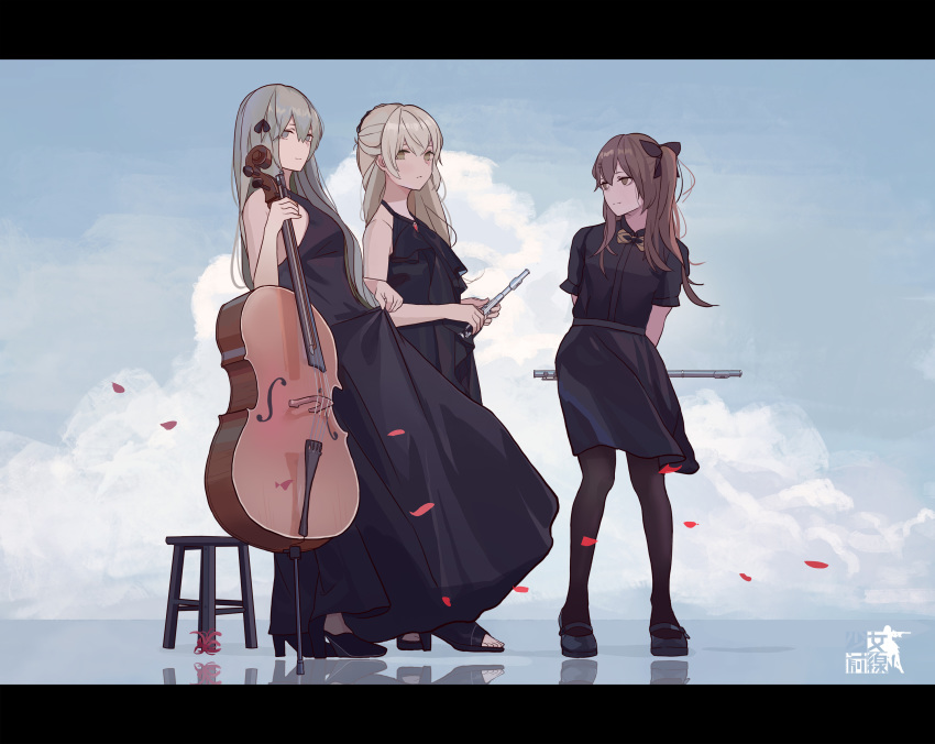 3girls alternate_costume alternate_hairstyle bangs bare_shoulders black_bow black_dress black_footwear black_legwear black_shirt black_skirt blonde_hair bow brown_eyes brown_hair cloud cloudy_sky commentary_request concert double_bass dress flats flower flute girls_frontline green_eyes green_hair hair_bow high_heels highres holding holding_instrument instrument long_hair looking_at_viewer multiple_girls one_side_up original pantyhose parted_lips petals reflective_floor shen_(1542046839) shirt short_sleeves sidelocks skirt sky sleeveless sleeveless_dress smile spider_lily stool toeless_legwear transverse_flute ump40_(girls_frontline) ump45_(girls_frontline) yellow_eyes
