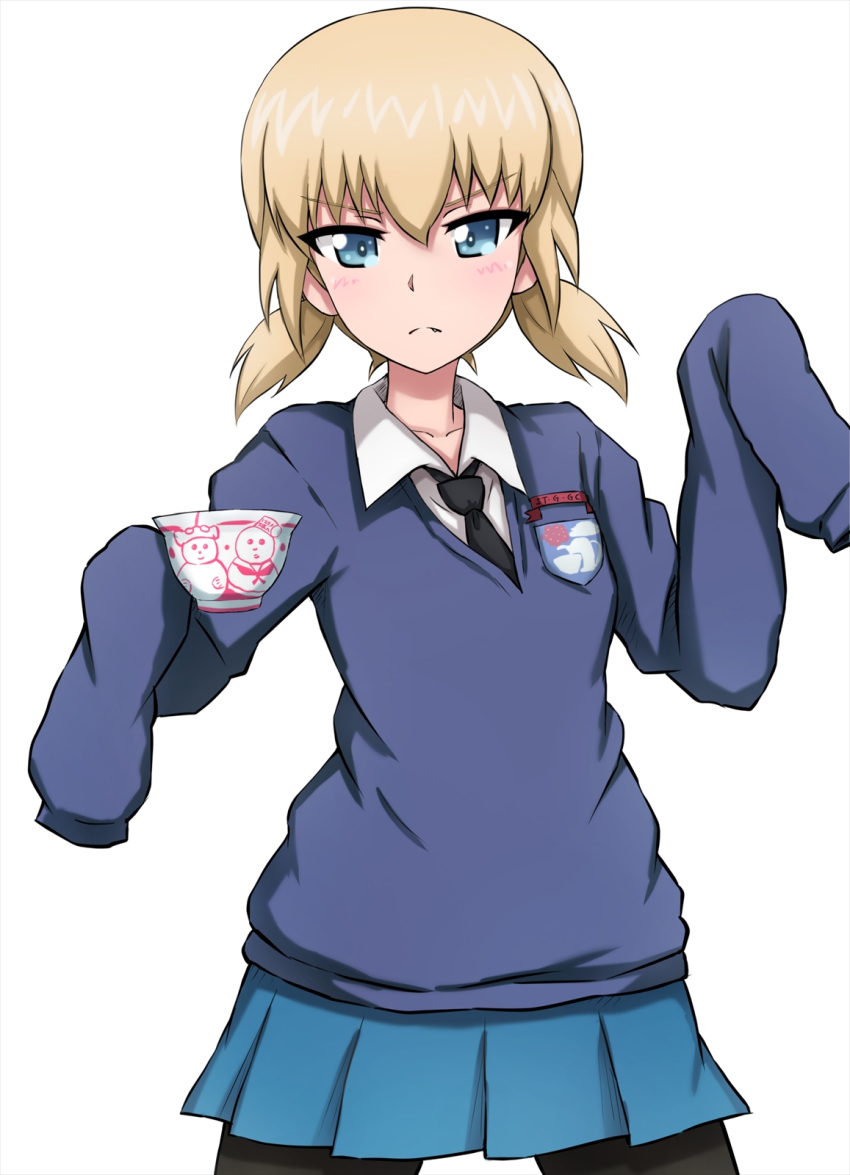 1girl alternate_costume bangs black_legwear black_neckwear blue_skirt blue_sweater blush closed_mouth commentary cowboy_shot cup dress_shirt emblem eyebrows_visible_through_hair fang fang_out frown girls_und_panzer highres holding holding_cup katyusha long_sleeves looking_at_viewer low_twintails miniskirt necktie omachi_(slabco) oversized_clothes pantyhose pleated_skirt school_uniform shirt short_hair short_twintails simple_background skirt sleeves_past_fingers sleeves_past_wrists snowman_print solo st._gloriana's_(emblem) st._gloriana's_school_uniform standing sweater teacup twintails v-neck white_background white_shirt wing_collar